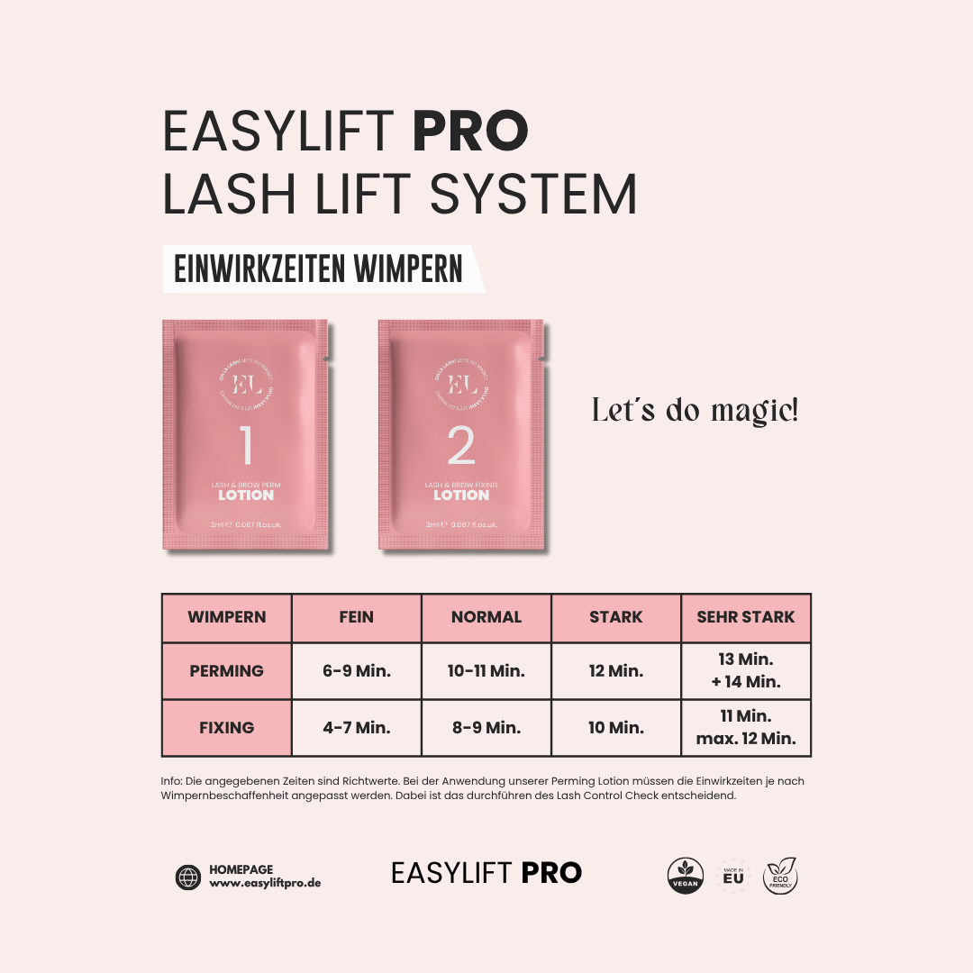 EasyLift Pro Lash Lift Lotion 1 und Lotion 2 mit individuellen Einwirkzeiten für sanftes Wimpernlifting