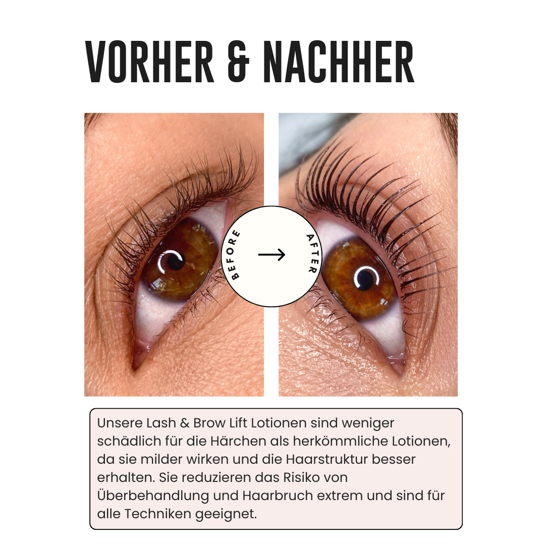 Vorher-Nachher-Ergebnis eines professionellen Lash Lifts mit Cysteamin-Lotion, gesunde und definierte Wimpern