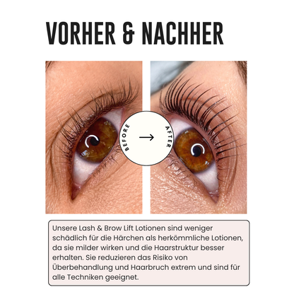 Vorher-Nachher-Ergebnis eines professionellen Lash Lifts mit Cysteamin-Lotion, gesunde und definierte Wimpern