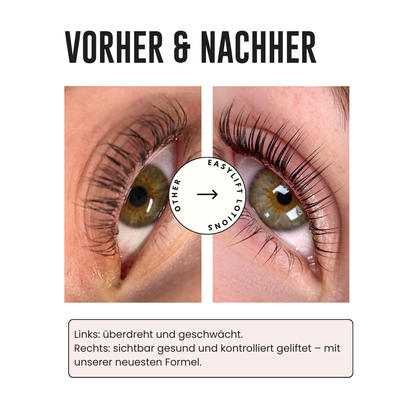 Vergleich von überdrehten Wimpern durch herkömmliche Lotionen mit einem sanften, gesunden Lash Lift mit Cysteamin-Technologie.
