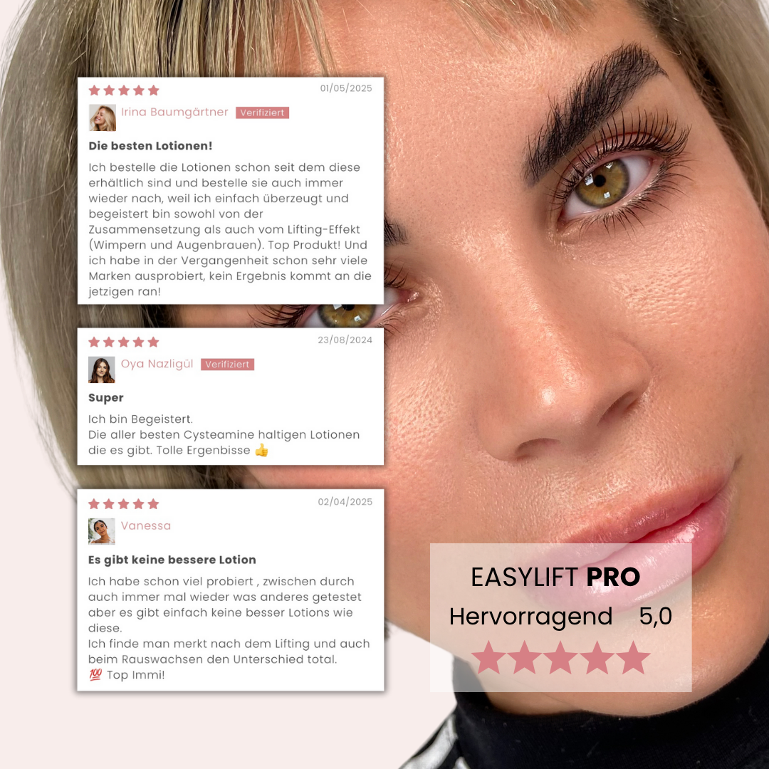 Kundentestimonial zeigt positive Erfahrung mit EasyLift Pro Lash Lift Lotion Sachet