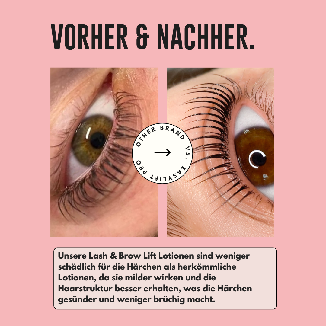 Vergleich von Wimpernlifting-Ergebnissen: links perfekt geformte, geschmeidige Wimpern mit EasyLift Cysteamin-Lotion, rechts spröde und ungleichmäßige Wimpern mit herkömmlicher Lifting-Lotion.